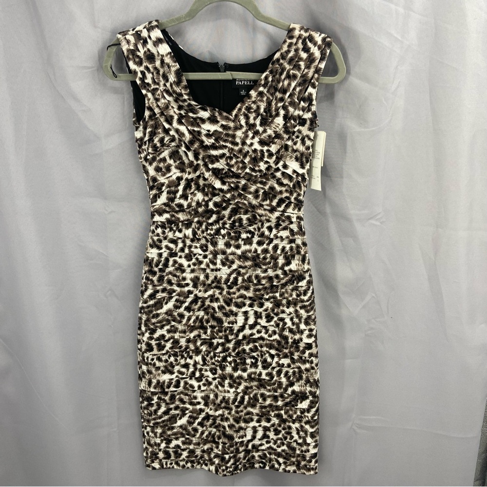Adrianna Papell Sleeveless Jersey Leopard Print‎ Pleated Sheath Dress Size 4 NWT